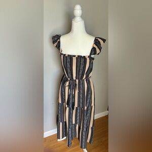 {R*Wish} Chic Flare Strap Black and Tan Striped Dress